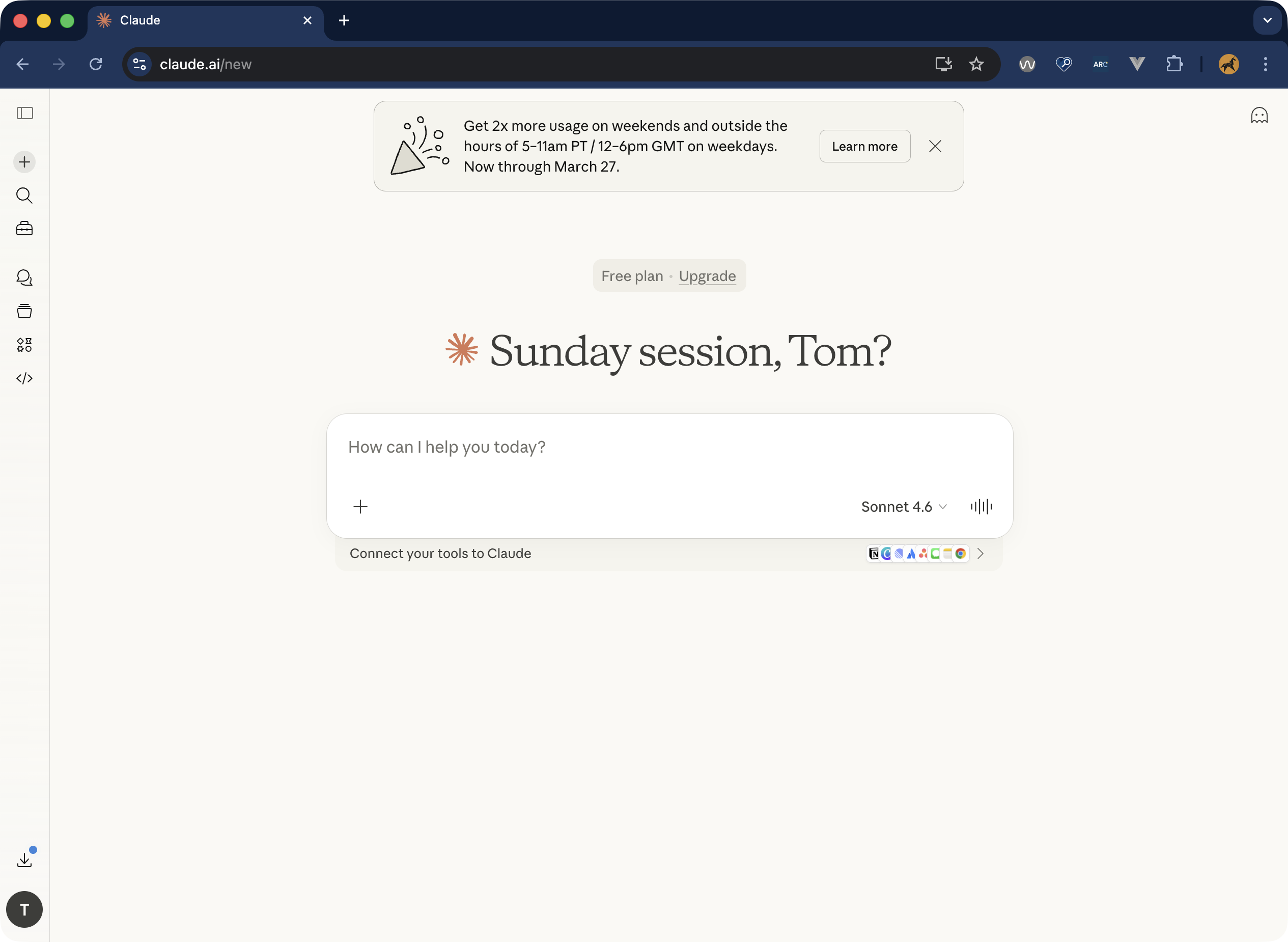 Screenshot of the Claude chatbot interface. There's a big input space in the middle of the screen to write a prompt, with text above that reads 'Sunday Session, Tom?'