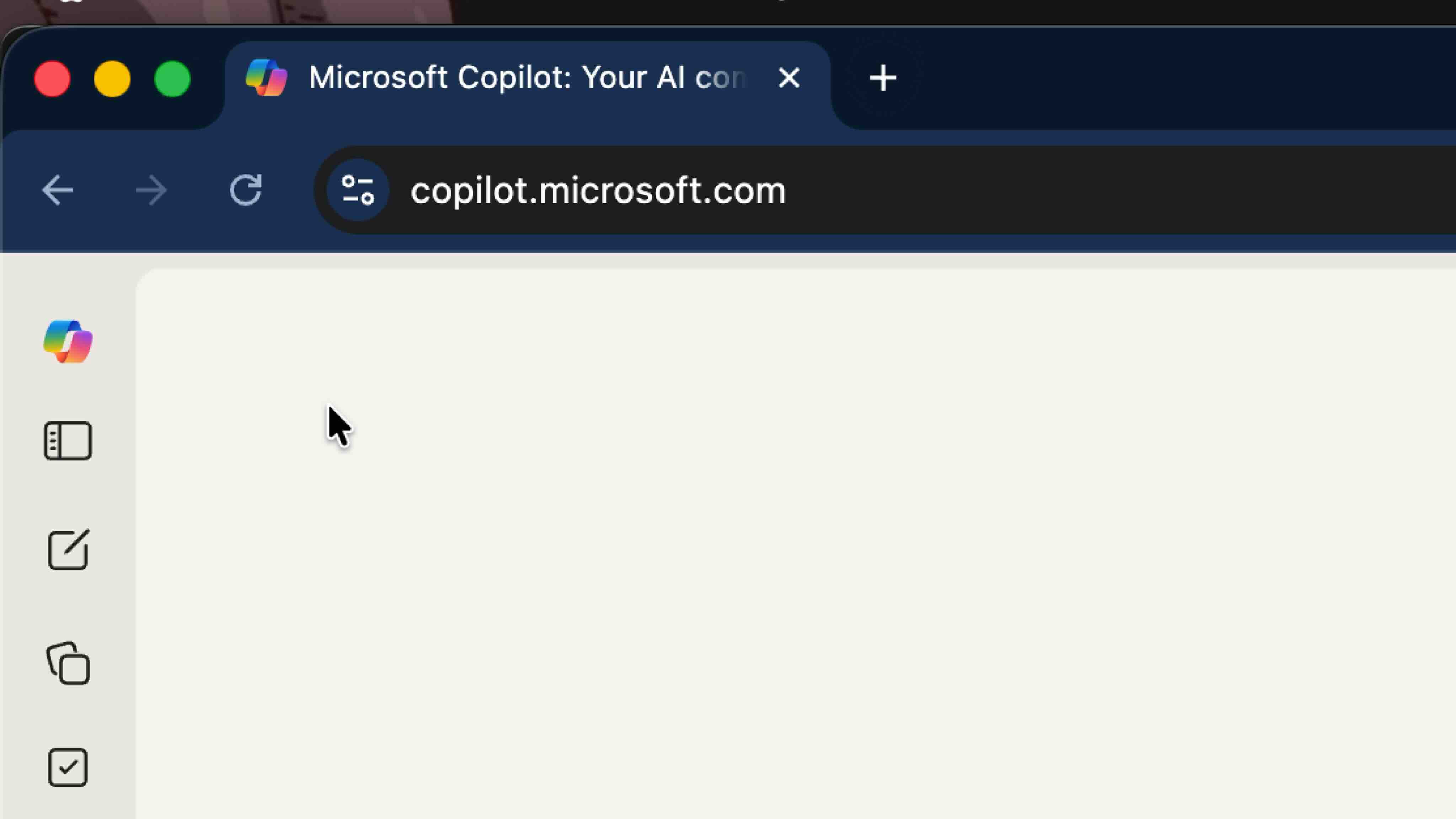 Screenshot of the Copilot chatbot interface, magnified using a screen magnifier. There are controls in a sidebar, but the prompt input is somewhere off screen.