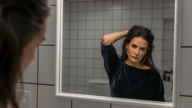 Still from The Substance. Demi Moore's character is staring into a mirror, tearfully trying to change her hair